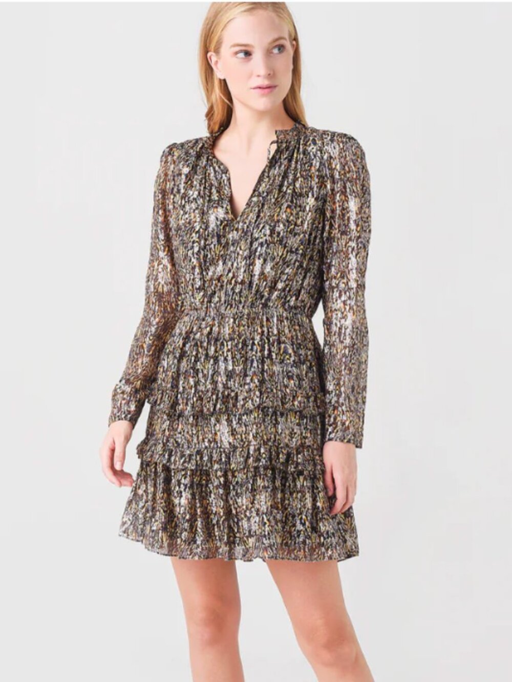 Ba&sh Metallic Silk Blend Tiered Ruffle Mini Dress Abstract Print Gold Silver 1